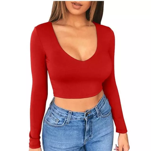 Alacki Women Sexy Tight Crop Tops Long Sleeves Low-cut Stretch T-Shirt  Blouse