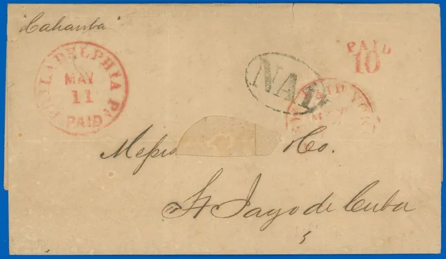 MAY 11, 1860 Philly PAID Cds, FLS to ST. IAGO, Red Arched "PAID 10", "NA1" H/S's
