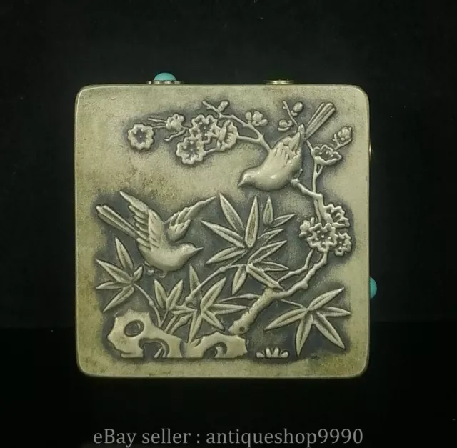 4" Marked Chinese Copper Inlay Gemstone Flower Bird Square Cartridge Ink Box