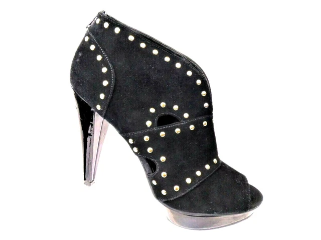 Steve Madden Woman's 9.5 Black Suede Studded Peep Toe Platform Ankle Boot Shoes