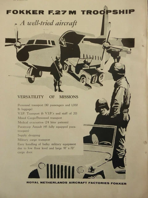 9/1960 Pub Fokker Aircraft F27 M Troopship Jeep Original Ad