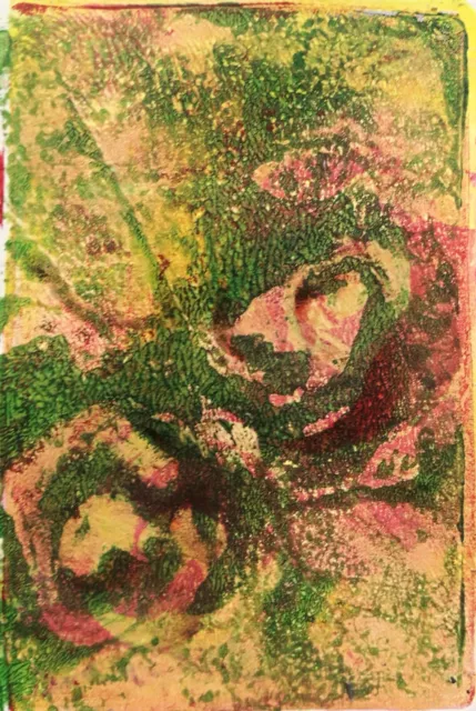 Original ACEO Yellow/Red Roses Monoprint Leaves Handmade pulled print by AF