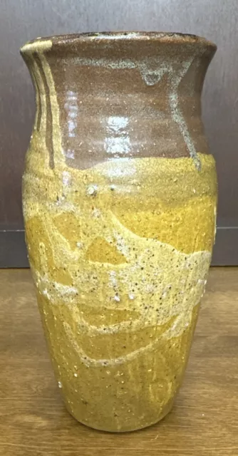 Vase Studio Art Pottery Drip Glaze Mustard Yellow Brown Signed Vintage 7.5”