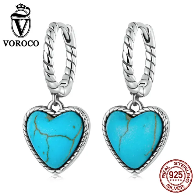Fashion Authentic 925 Sterling Silver Heart turquoise Hoop Earrings Women VOROCO