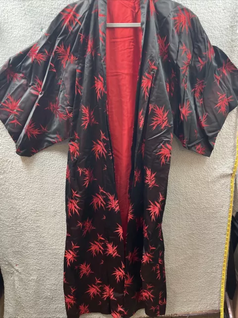 Hayashi Vintage Kimono Silk Satin XL-XXL Red Black Bamboo pattern made in Japan