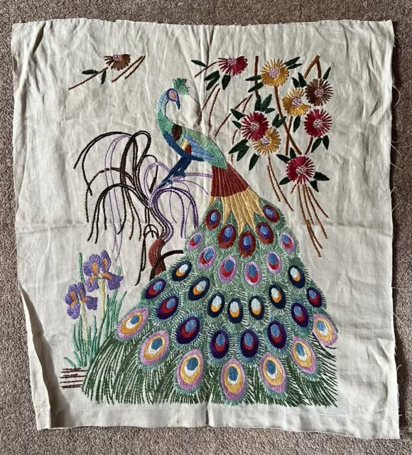 Vintage Silk Linen Embroidery Panel Picture Peacock Birds Flowers To Frame