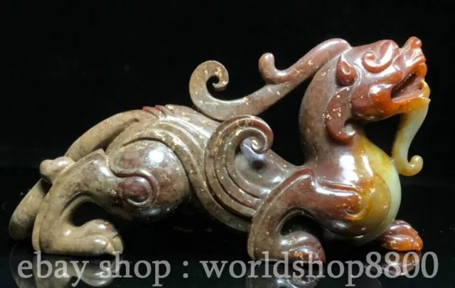 6" Chinese Natural Hetian Jade Nephrite Carving Dragon Pixiu Beast Statue