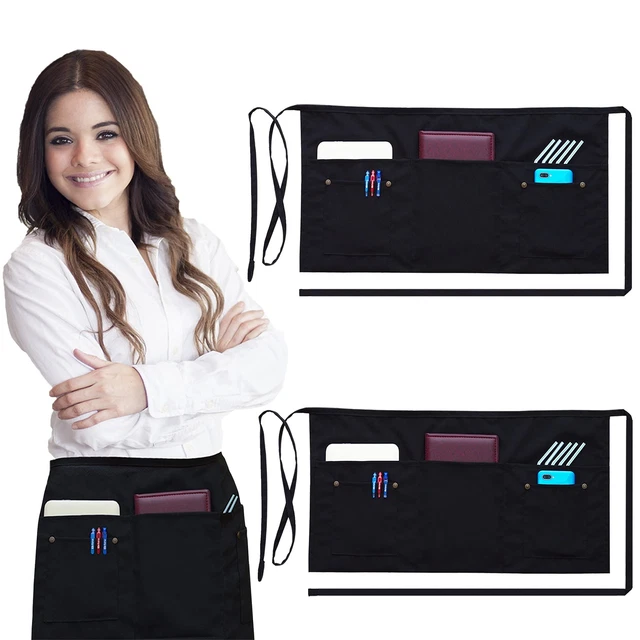 Server Aprons with 5 Pockets (2 Pack) – Commercial Grade Black Waist