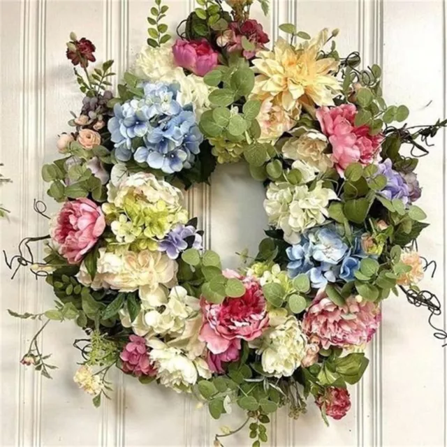 Artificial Hydrangea Wreath Front Door Spring Rainbow Flower Garland Home Decor