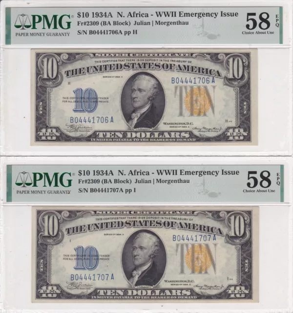 TWO (2) 1934-A  N. Africa $10 Silver Certificates B-A Block PMG 58 EPQ Choice AU