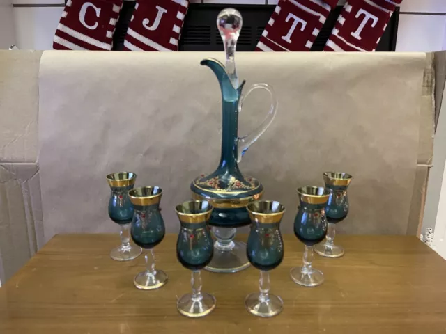 Italian Venetian Murano Blue and Gold Decanter Set W/ Stopper (idk If Original)