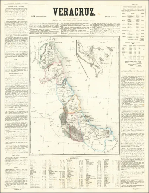 1858 Map of Veracruz Mexico Mexican History Decor Poster Print