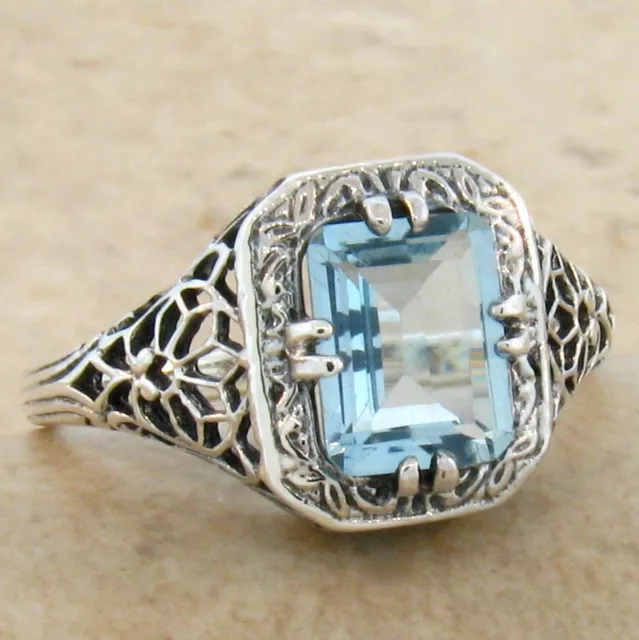 Natural Blue Topaz Art Deco Style Classic Design 925 Sterling Silver Ring   675X