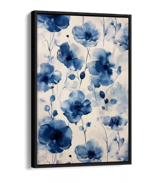 Watercolour Blue Flowers -Float Effect Framed Canvas Wall Art Print