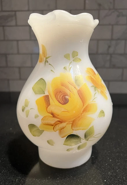 Vintage Yellow Roses Floral Milk Glass GWTW Oil Lamp Globe Shade CHIP 3” Fitter