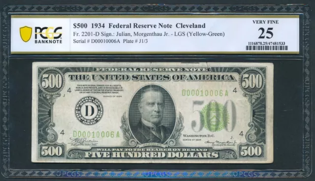 1934 $500 Dollar Bill Scarce Light Green Seal Cleveland Note PCGS-B VF25 Comment
