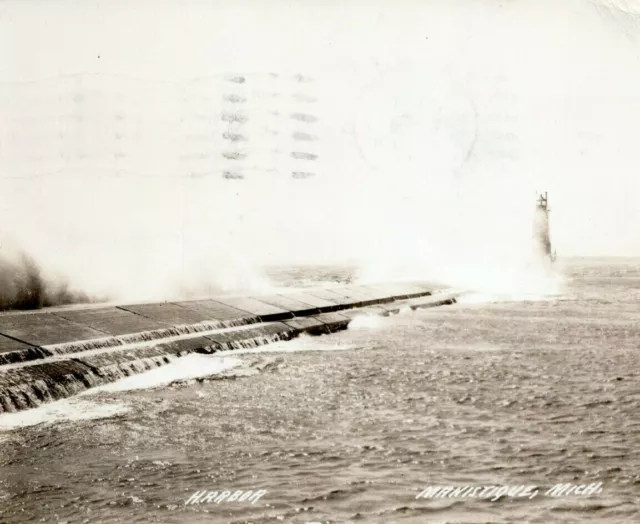Manistique Michigan MI Harbor East Breakwater Light House RPPC Postcard 1946 vtg