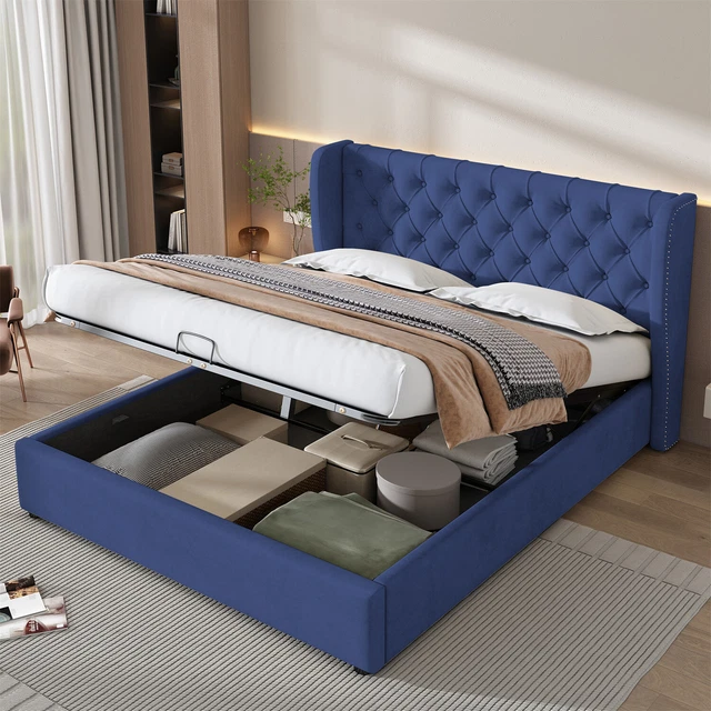 OTTOMAN STORAGE BED Gas Lift Up Velvet Upholstered 4ft6 Double Size Bed