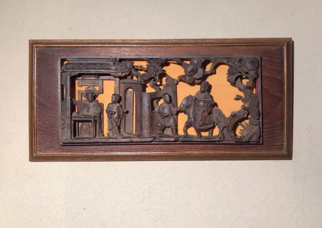 Antique Asian Hand Carved Wood Action Scene Horizontal Panel