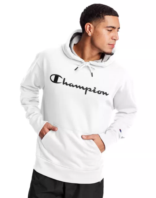 Champion Hoodie Powerblend Men Sweatshirt Satin Stitch Script Pockets Logo XS-XL