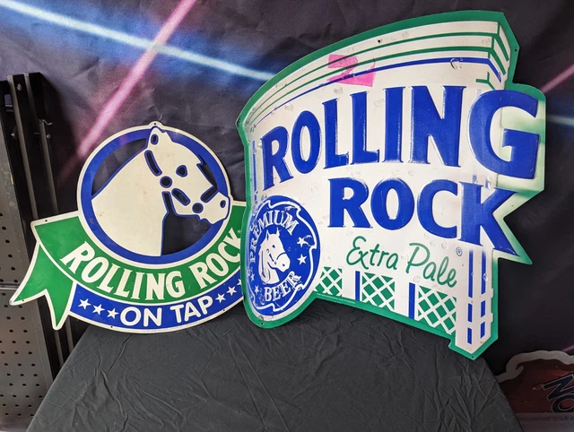 Rolling Rock Beer Signs Extra Pale Tin Metal Embossed Premium Beer Lot of 2