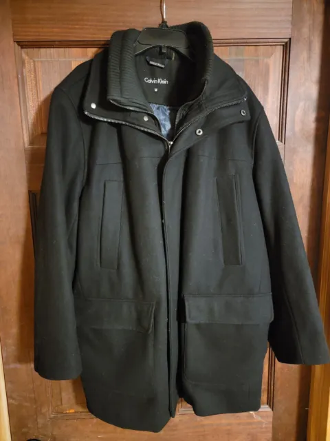 Calvin Klein Mens Wool Blend Double Zipper Black Winter Coat Jacket Medium Nice