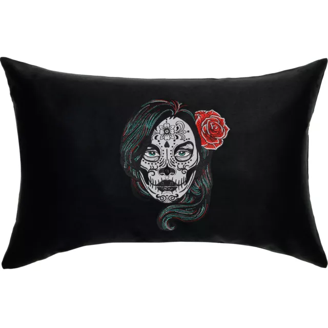 Totenkopf LADY mit Rose PREMIUM Kissen tribal Skull Tattoo Dekokissen  - 40x60cm
