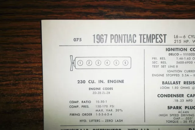 1967 Pontiac Tempest SIX Series Models 215HP 230 CI L6 4BBL Tune Up Chart