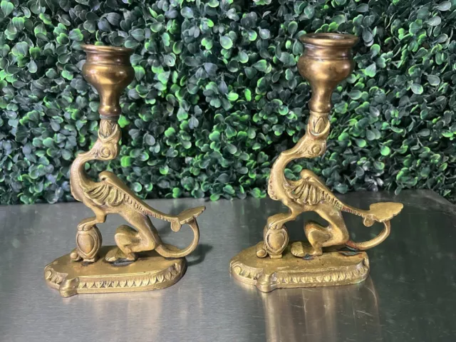 Serpent Griffin Beast Monster Old Pair Brass Figural Chambersticks Candlesticks