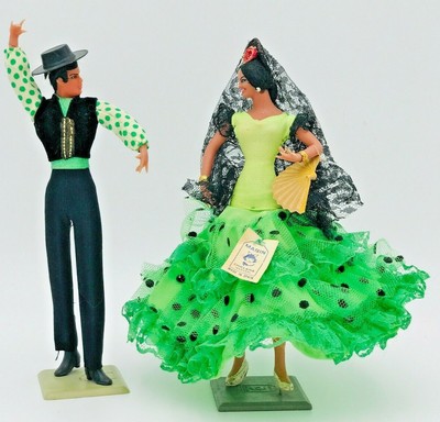 Vintage Pair Marin Chiclana 8" Dolls Figurines Spanish Flamenco Dancers In Green