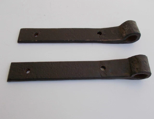 Pair Hand Forged Antique Iron Barn Door Strap Hinges 7 3/4" x 1 1/8" Primitive 2