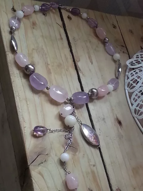 Sterling Silver Rose Quartz & Amethyst Gemstone Necklace