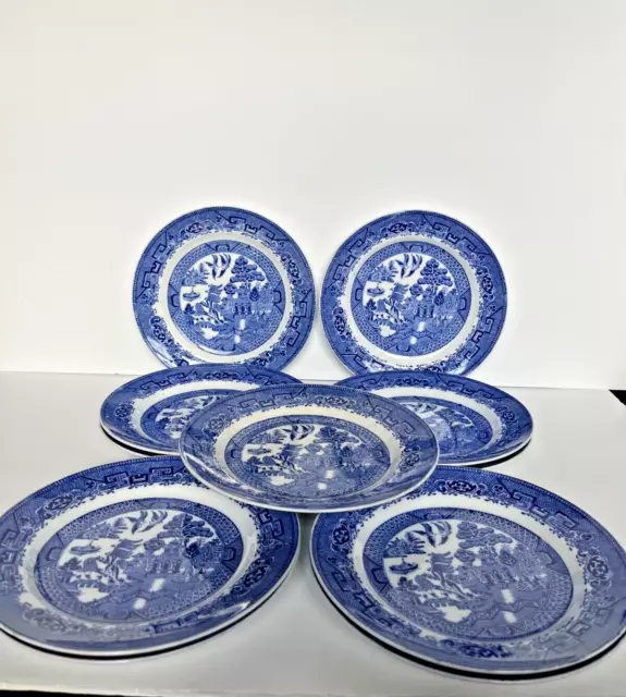 Vintage set 11 Blue Willow transferware Ye Olde Willow luncheon plates England