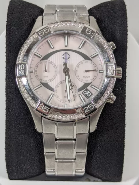 Jennifer Lopez Silver Tone Dial Round Crystal Accent Stainless Steel Band Watch