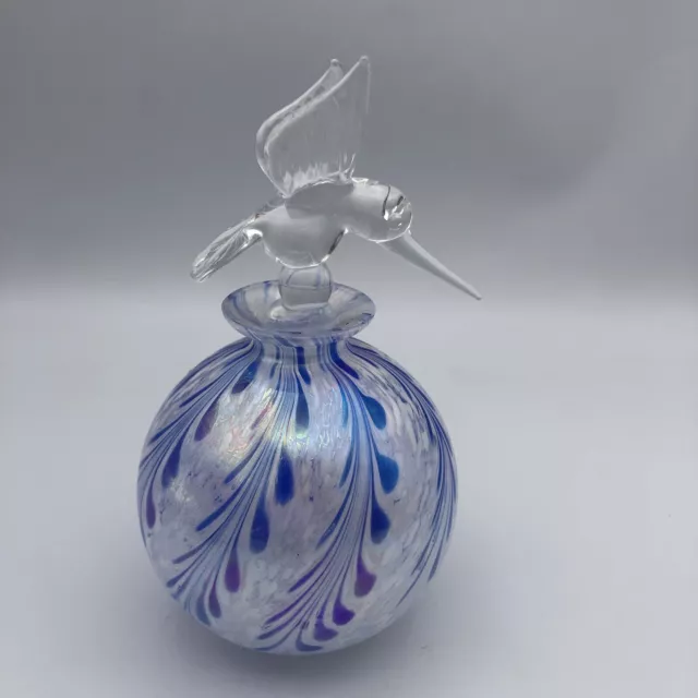 Vtg Hand-Blown Art Glass Blue Swirl Iridescent Perfume Bottle HUMMINGBIRD
