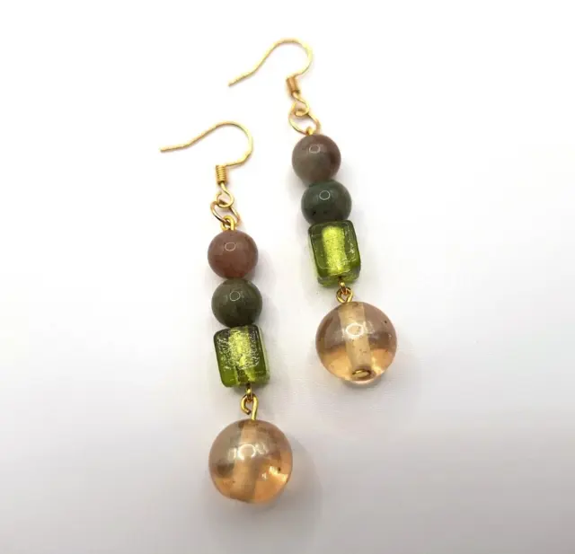 Indian Agate Stone 18k Gold Dangle Earrings Boho Chic Hippie Formal Jewelry