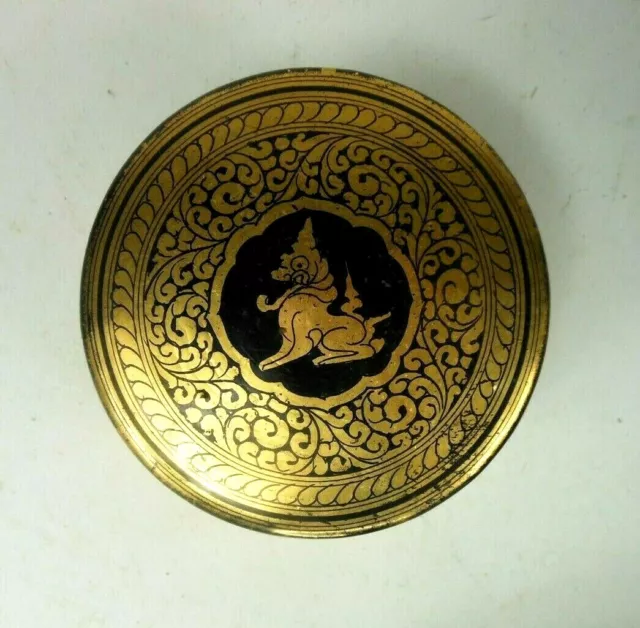 Burmese Round Lacquered Box Black Gold Gilt Lacquer Singha Lion Motif 4