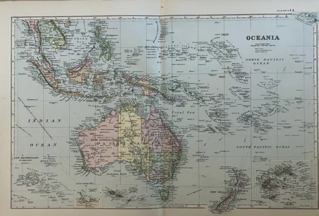 1893 Oceania Original Antique Map by G.W. Bacon