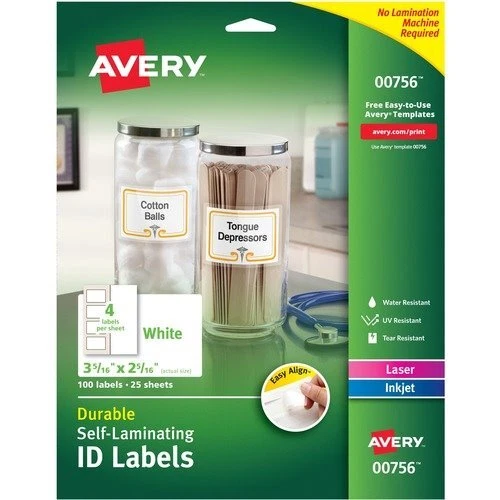 Avery 00756 Easy Align Self-Laminating ID Labels, White, 100 Labels (AVE00756)