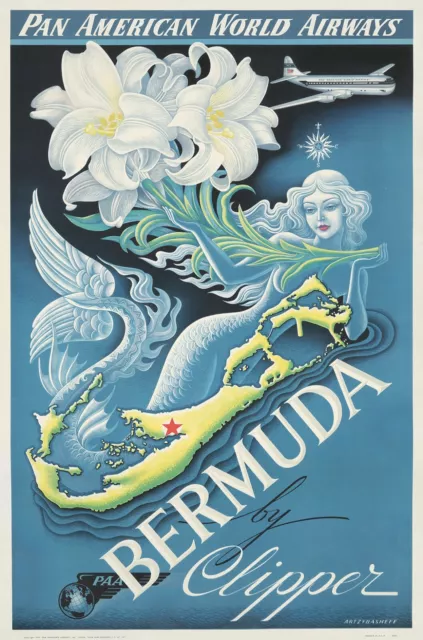 Vintage Pan American Air Bermuda 1947 Travel Print Poster Wall Art Picture A4 +