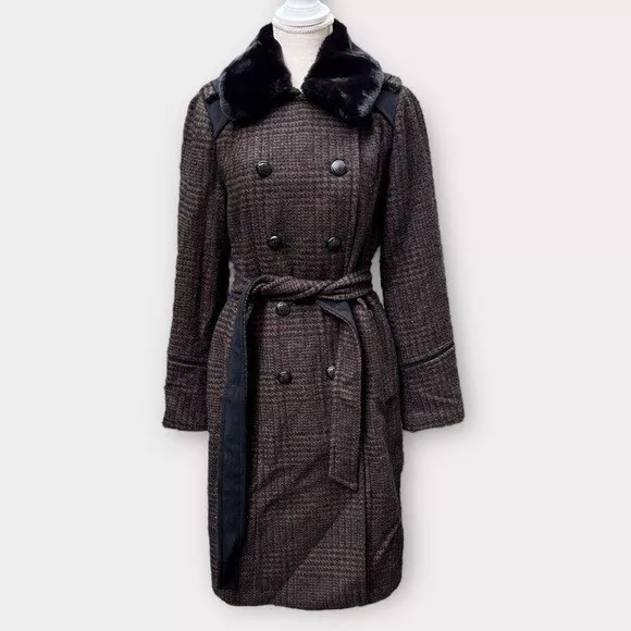 🌻NEW w.tag Vince Camuto Brown Tweed Wool Blend Double-Breasted Belted Trench M.