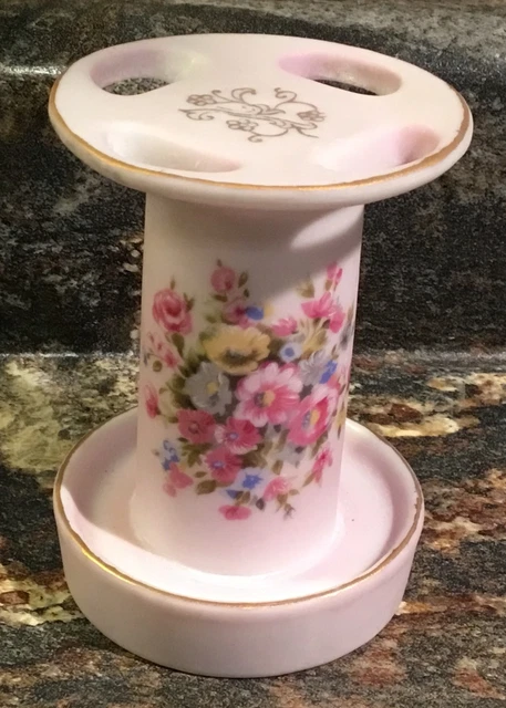 Vintage Lefton Pink Porcelain Toothbrush Holder Hand Painted Floral Bouquet