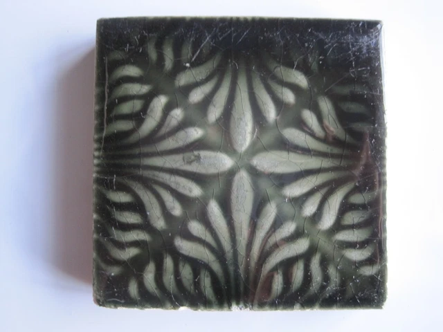 Antique Victorian Mintons 3" Sq. Green Moulded Majolica Glazed Tile