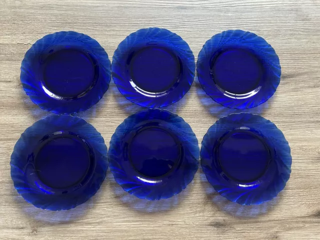 Duralex Vereco France Cobalt Blue Glass 7.5" Plates Rivage Swirl Set Of 6