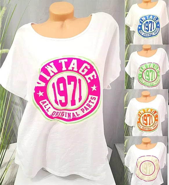 Italy Damen Shirt kurzarm Weiß Oversize Cotton VINTAGE 1971 Neon 38,40,kl.42NEU