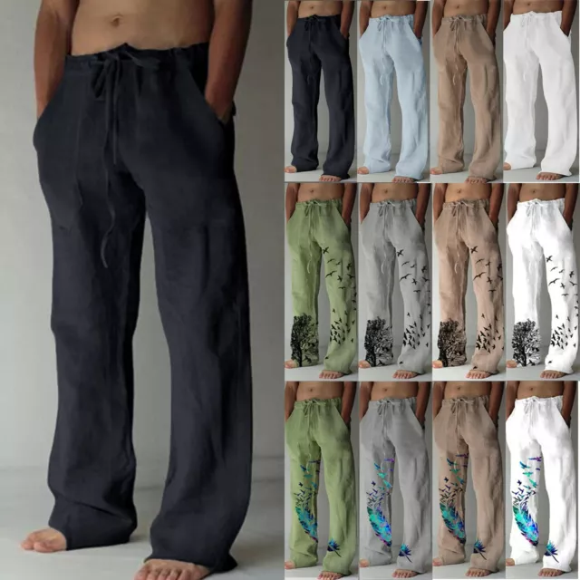 Men Loose Pants Casual Cotton Linen Printed Drawstring Beach Baggy Long Trousers