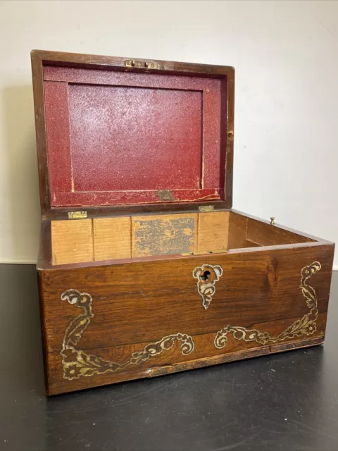 Antique Early Victorian Jewellery Box of Exotic Wood Inlaid with Mother of Pearl