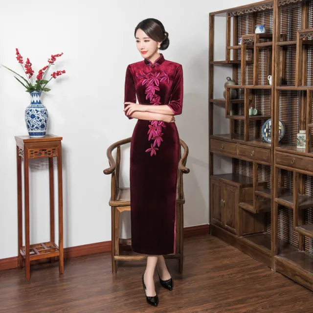 Women Velvet Qipao Dress Chinese Traditional Cheongsam Women Evening Party Gowns