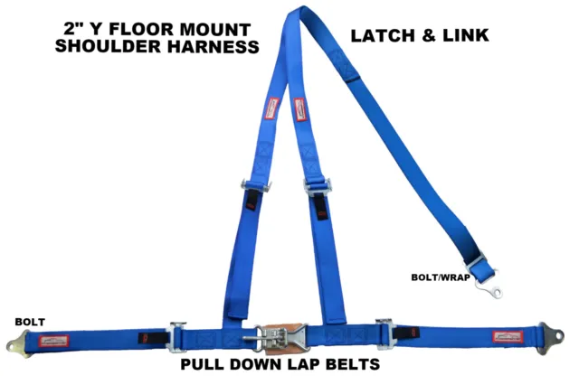 2" Latch & Link Y Floor Mount Harness. 3 Point Buggy Belt Pull Down Laps Blue