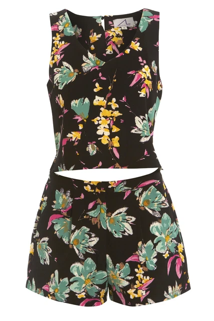 NUOVO Donna 2 pezzi set top corto shorts TROPICALE floreale estate